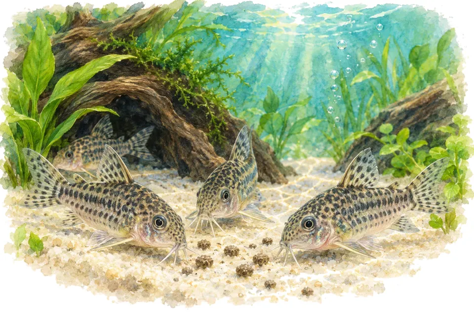 Planche aquarelle : Corydoras paleatus : prendre soin d'un groupe de fond.