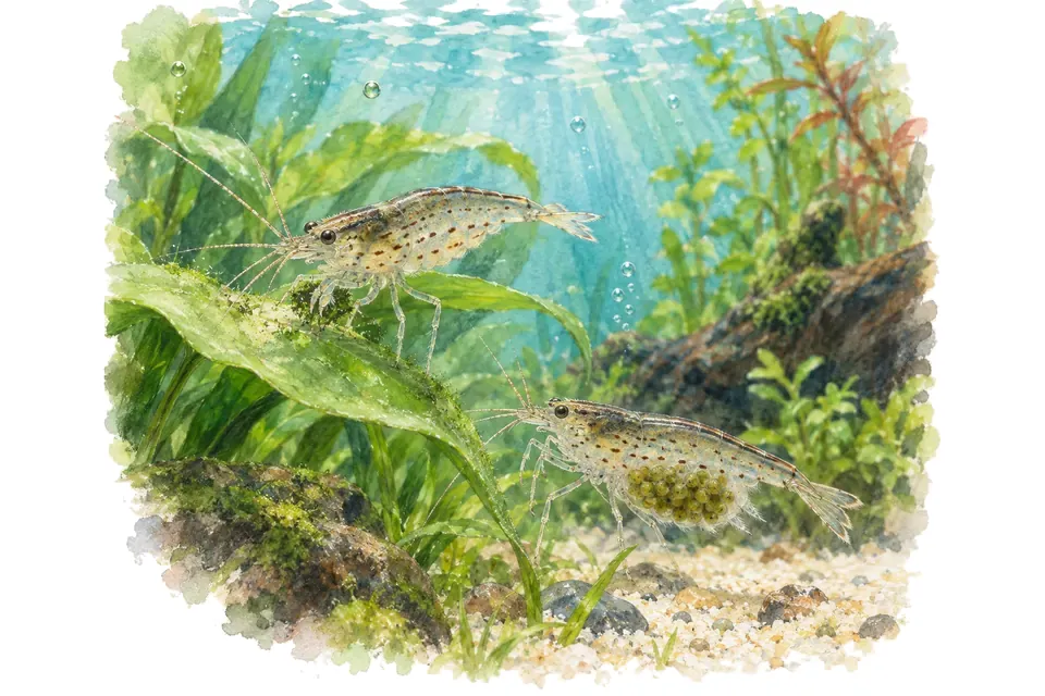 Planche aquarelle : crevette Amano : connaître Caridina multidentata.
