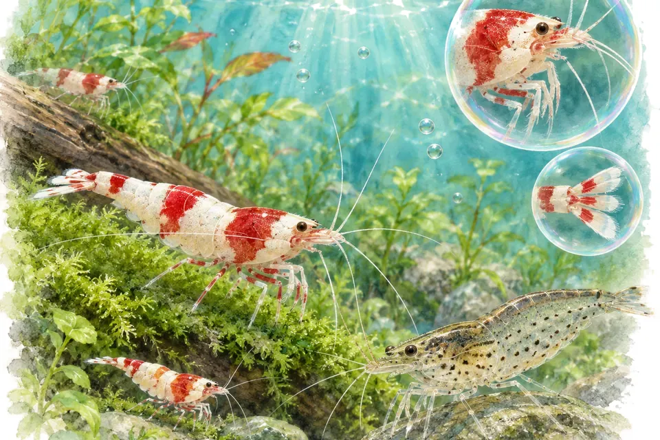 Planche aquarelle : Les crevettes Caridina (niveau expert).