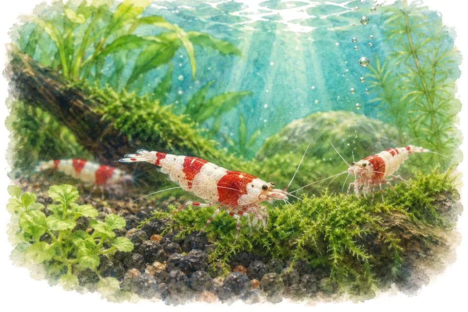 Planche aquarelle : crevettes Crystal : préparer leur aquarium.