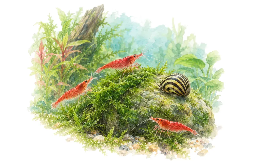 Planche aquarelle du quiz : Quiz : crevettes et escargots d’aquarium.