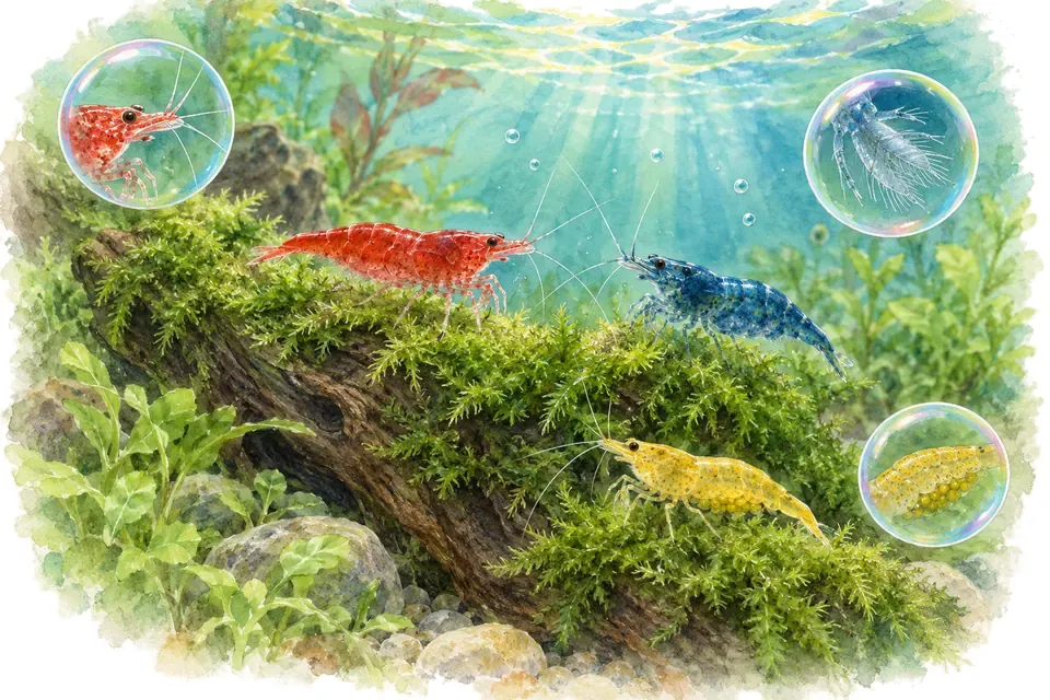 Planche aquarelle : Les crevettes Neocaridina (niveau confirmé).