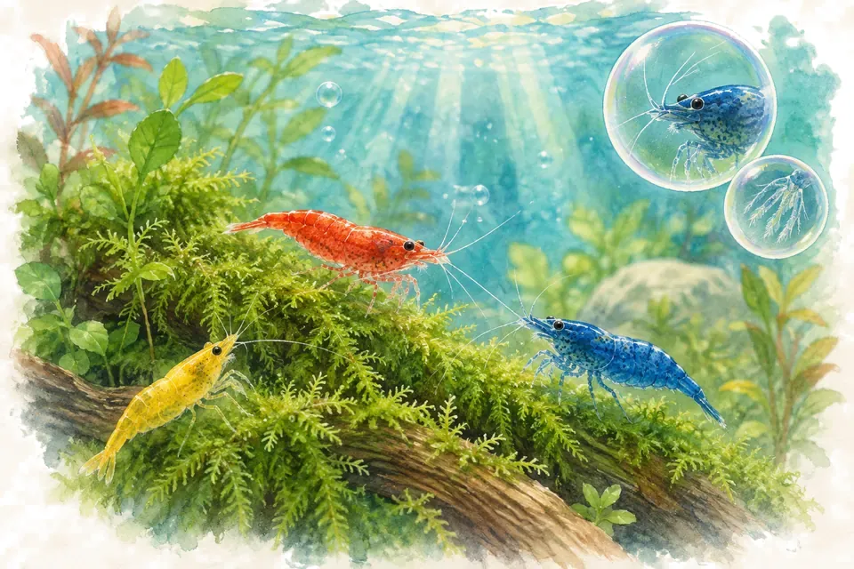 Planche aquarelle : Les crevettes Neocaridina (pour débuter).