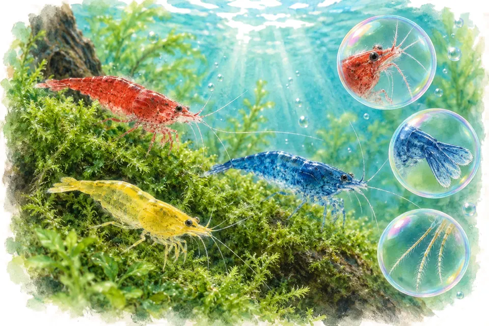 Planche aquarelle : Les crevettes Neocaridina (niveau expert).