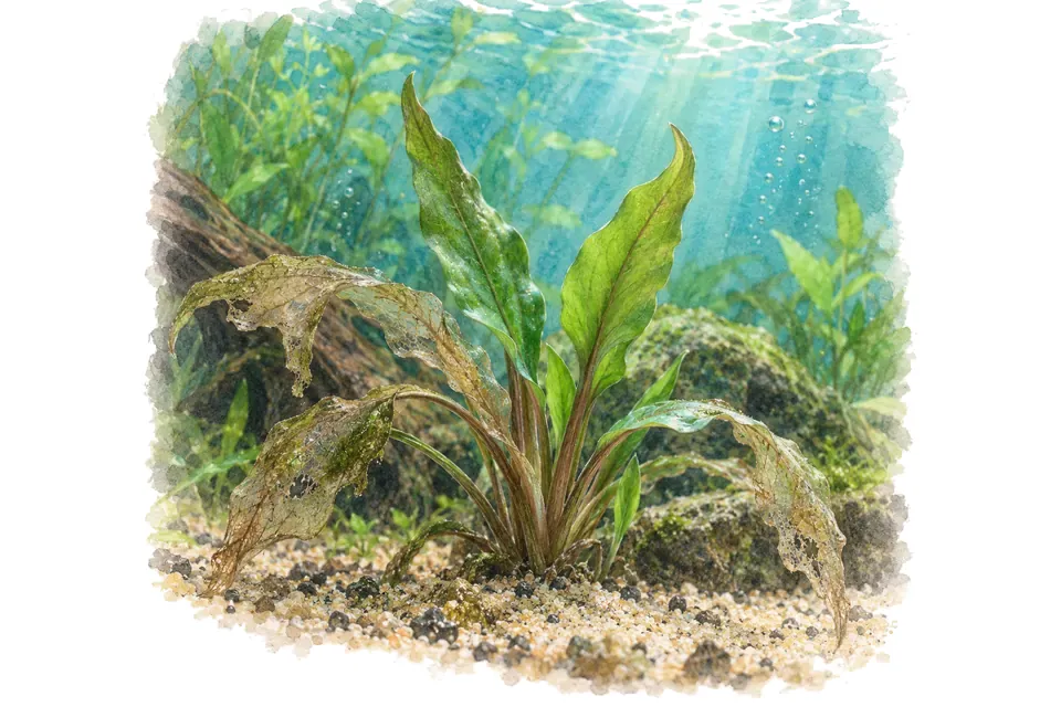Planche aquarelle : Cryptocoryne : comprendre les changements de feuillage.