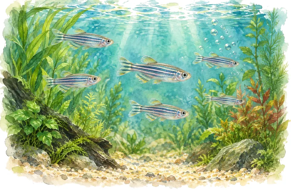 Planche aquarelle : Danio rerio : accueillir un nageur actif.