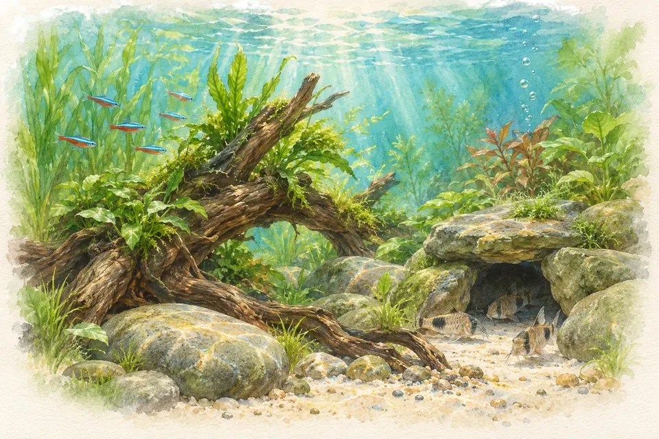 Planche aquarelle : Le décor de l'aquarium (niveau confirmé).