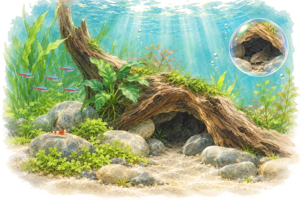 Planche aquarelle : Le décor de l'aquarium (pour débuter).