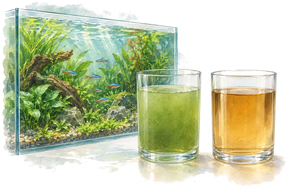 Planche aquarelle : eau verte : distinguer coloration et turbidité.