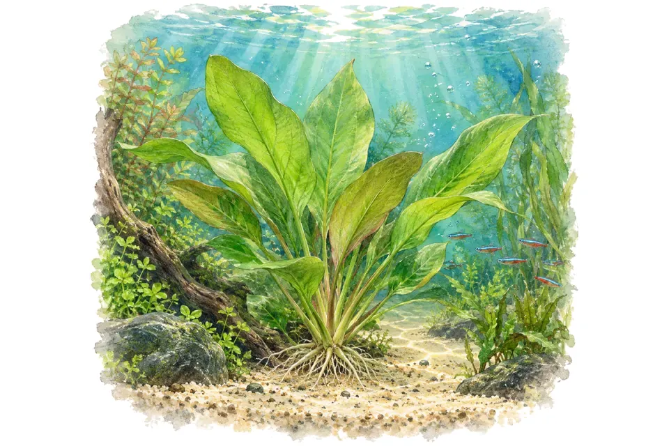 Planche aquarelle : Echinodorus : prévoir la place d'une plante en rosette.