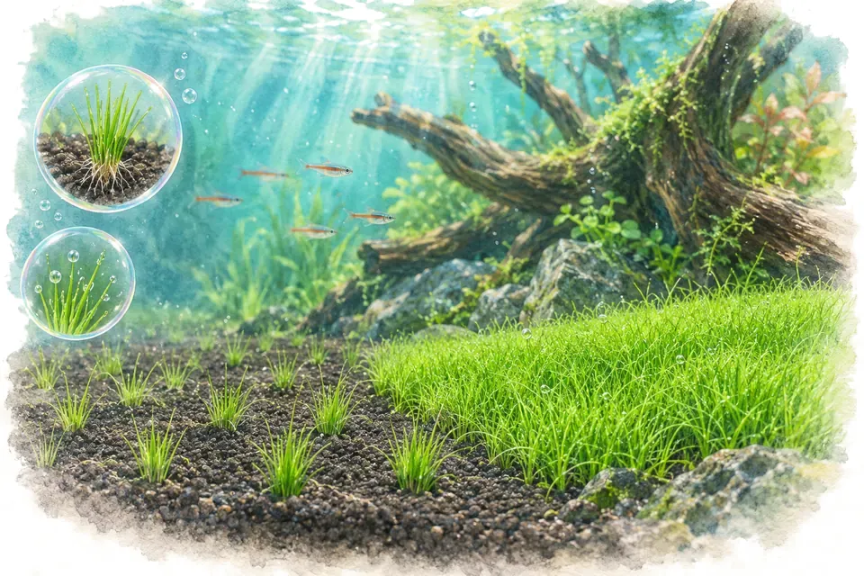 Planche aquarelle : Eleocharis : préparer une gazonnante.