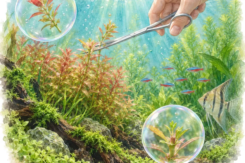 Planche aquarelle : Entretenir un bac planté (niveau confirmé).