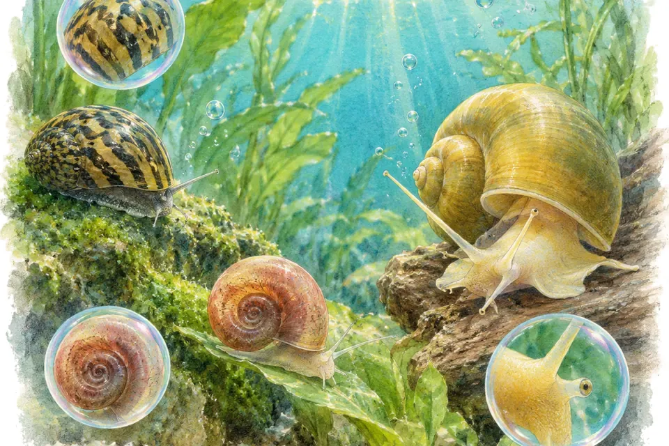 Planche aquarelle : Les escargots d'aquarium (niveau confirmé).