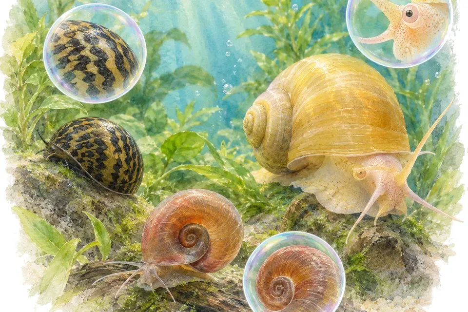 Planche aquarelle : Les escargots d'aquarium (niveau expert).