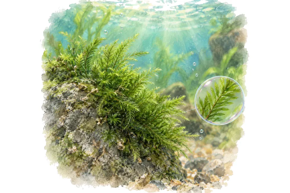 Planche aquarelle : Fissidens : fixer et nettoyer une mousse en aquarium.