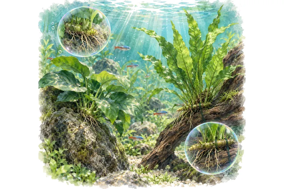 Planche aquarelle : fixation des épiphytes : choisir le support et l’attache.
