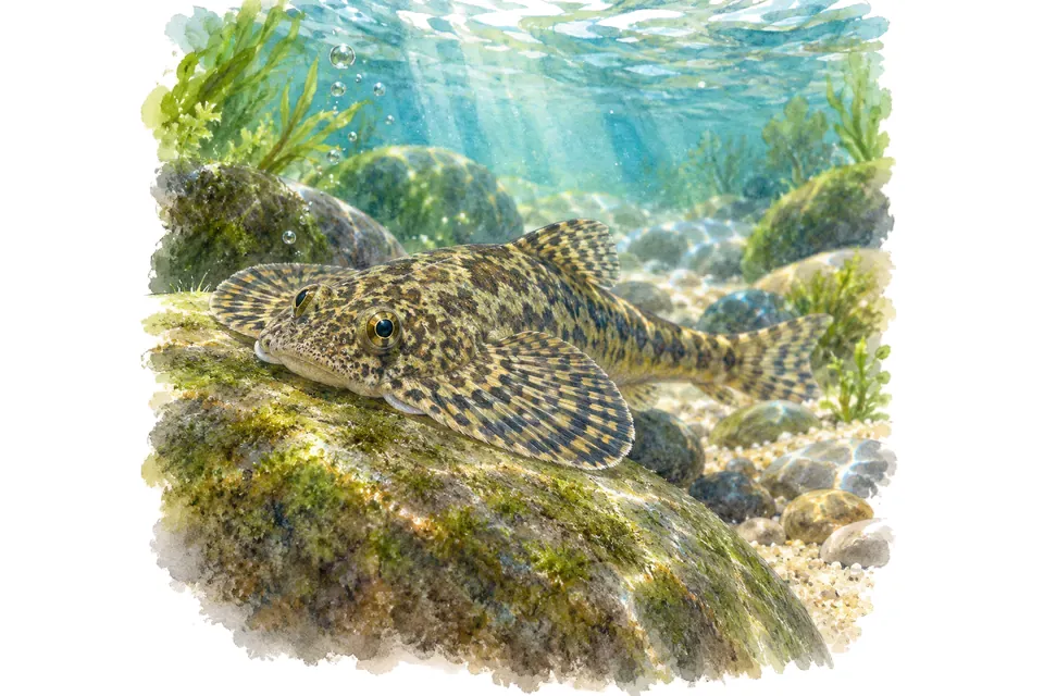 Planche aquarelle : Gastromyzon : penser un aquarium de courant.