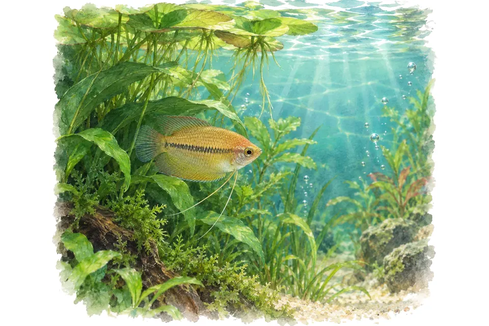 Planche aquarelle : gourami miel : connaître Trichogaster chuna.