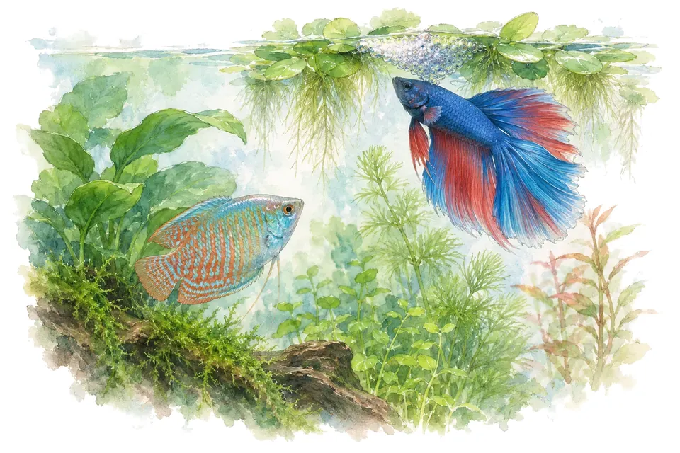 Planche aquarelle du quiz : Quiz Gouramis et combattants : respiration et cohabitation.