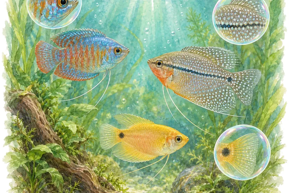 Planche aquarelle : Les gouramis (niveau expert).