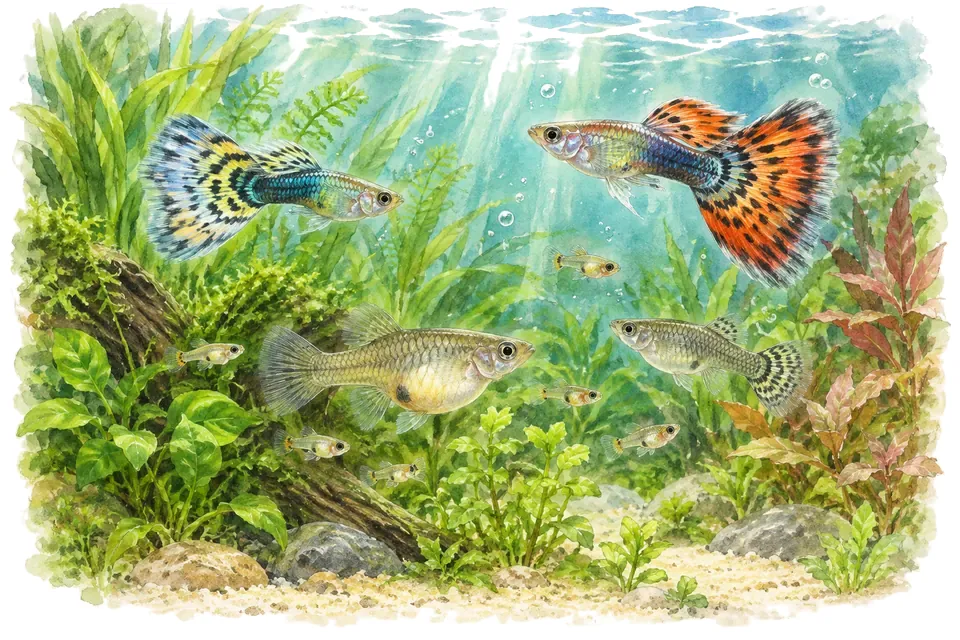 Planche aquarelle : guppy : anticiper les besoins et les naissances.