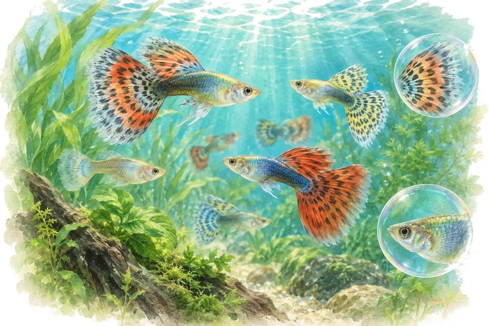 Planche aquarelle : guppy confirmé : reproduction, variétés et eau.