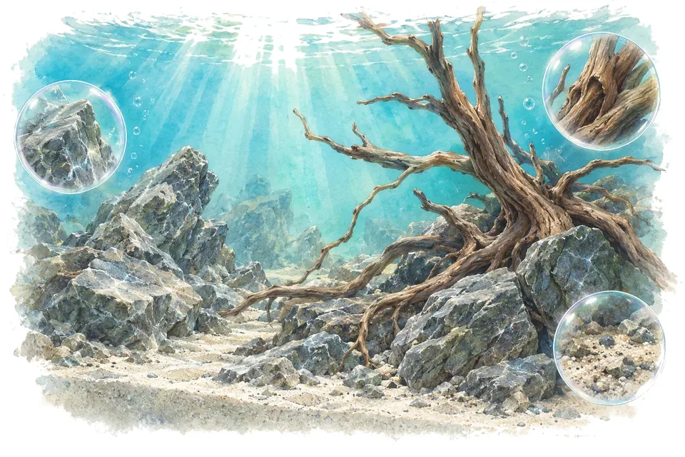 Planche aquarelle : Bois et roches en aquascaping (niveau confirmé).