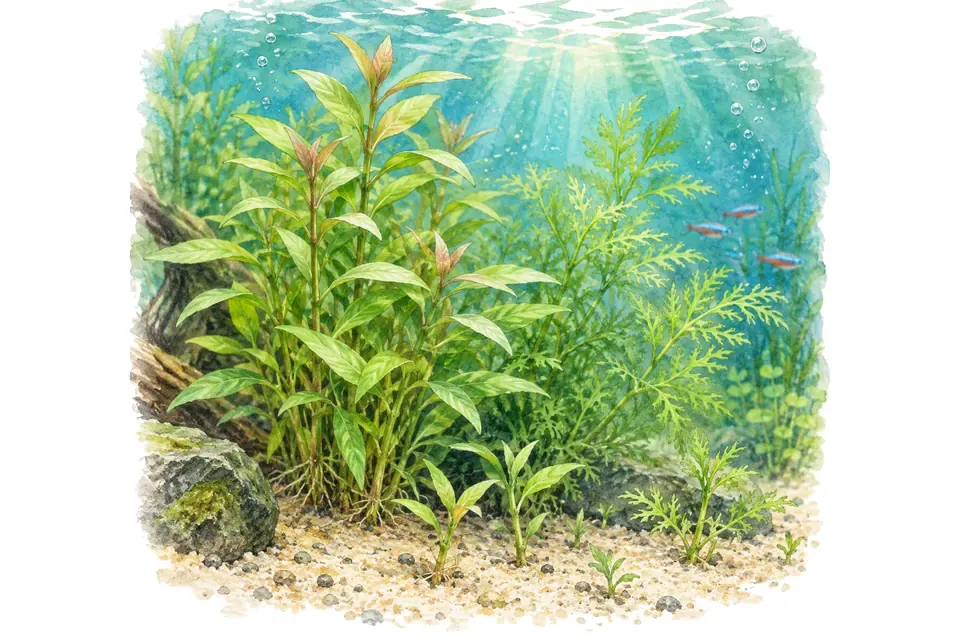 Planche aquarelle : Hygrophila : entretenir des plantes à tiges.