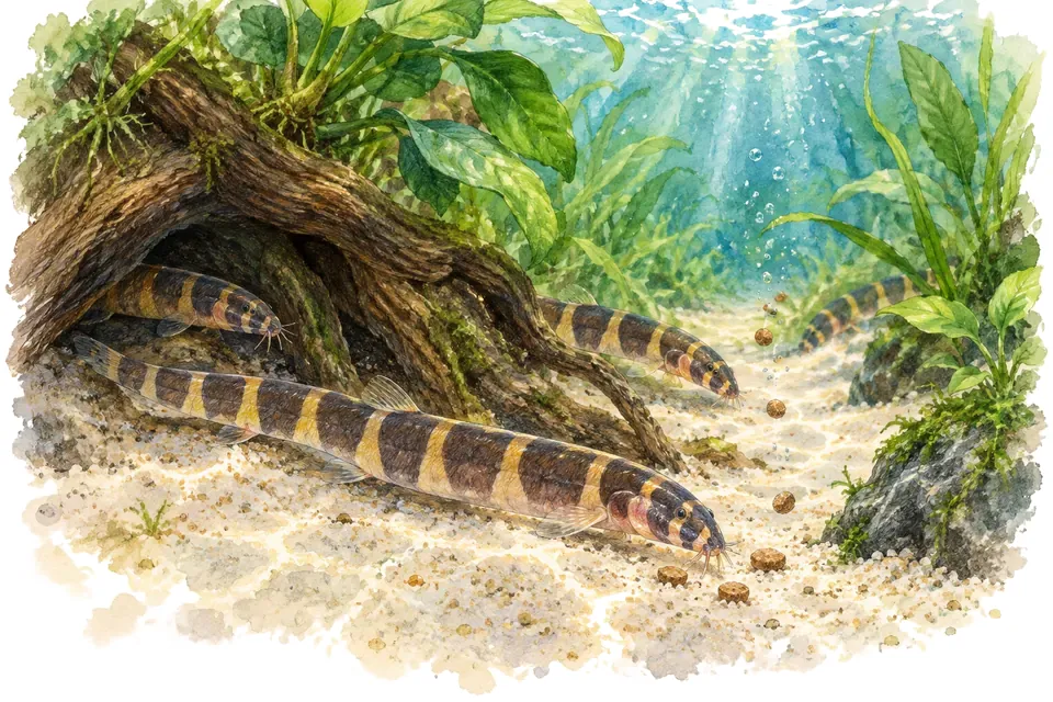 Planche aquarelle : kuhli : aménager pour un poisson discret.