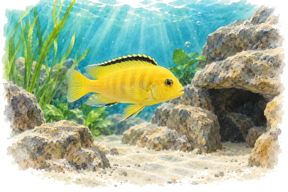Planche aquarelle : Labidochromis caeruleus : comprendre le labido jaune.