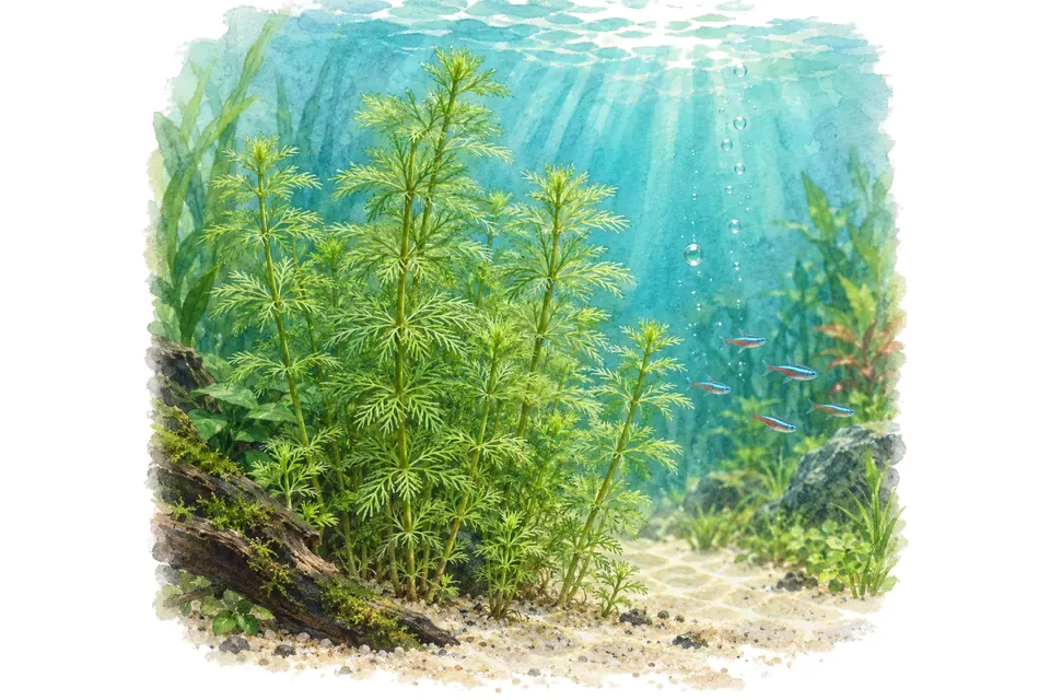 Planche aquarelle : Limnophila sessiliflora : garder un massif lisible.