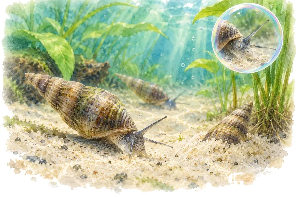 Planche aquarelle : mélanoïdes : connaître les escargots du substrat.