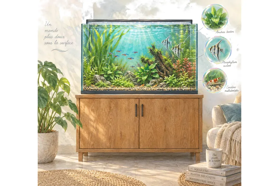 Planche aquarelle : meuble d'aquarium : vérifier le support avant l'installation.
