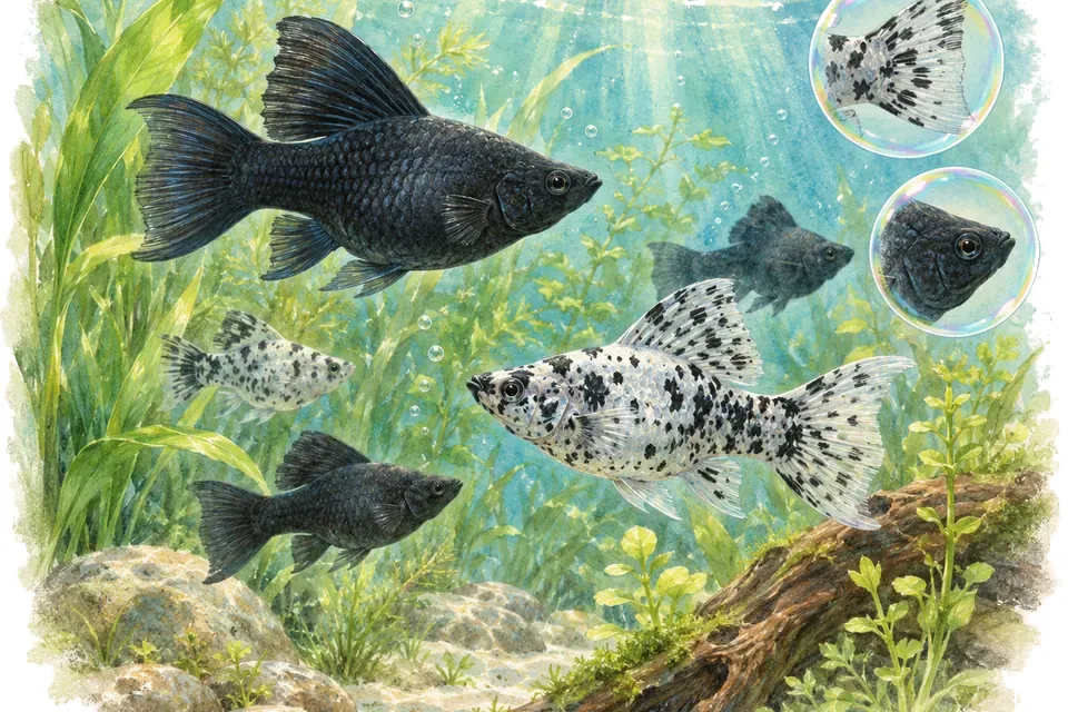 Planche aquarelle : mollys confirmé : eau dure, saumâtre et variétés.