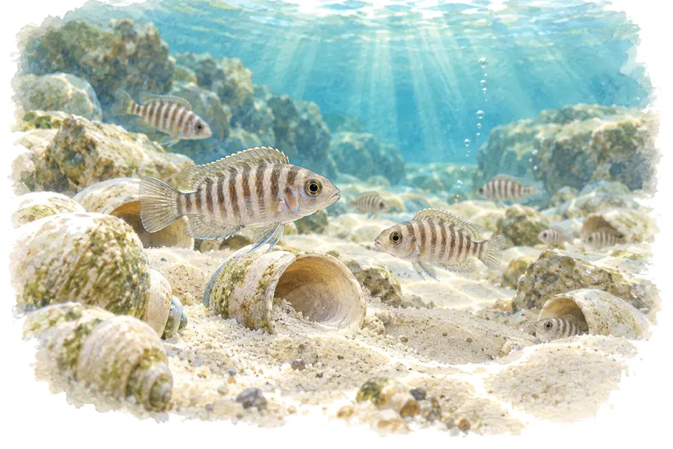 Planche aquarelle : Neolamprologus multifasciatus : organiser une colonie.