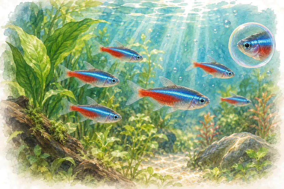 Planche aquarelle : néon bleu : bien connaître Paracheirodon innesi.