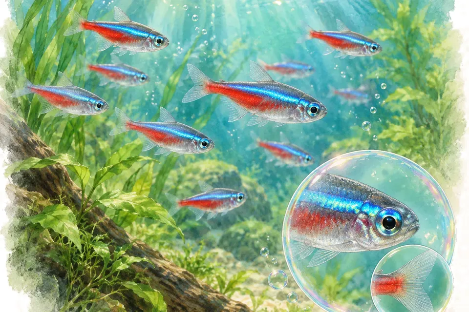 Planche aquarelle : Le néon bleu, niveau expert : eau, biologie et reproduction.
