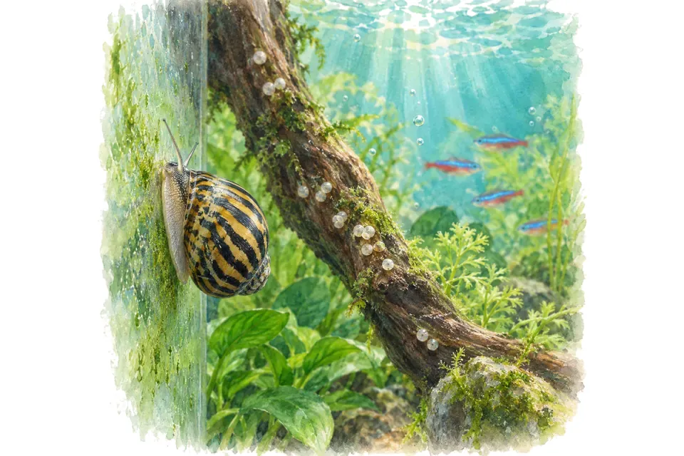 Planche aquarelle : néritines : connaître les escargots brouteurs.