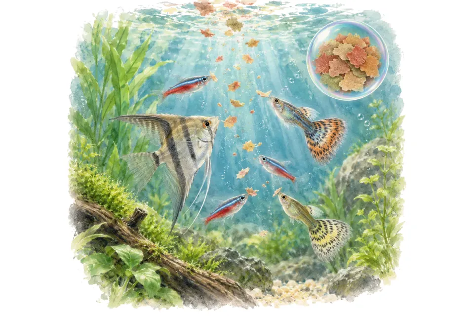 Planche aquarelle du quiz : Nourrir ses poissons.