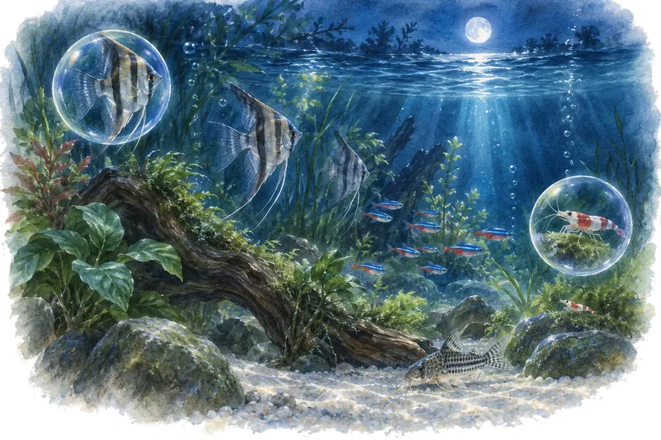 Planche aquarelle : La nuit dans l'aquarium (niveau confirmé).