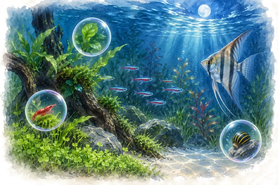 Planche aquarelle : La nuit dans l'aquarium (pour débuter).