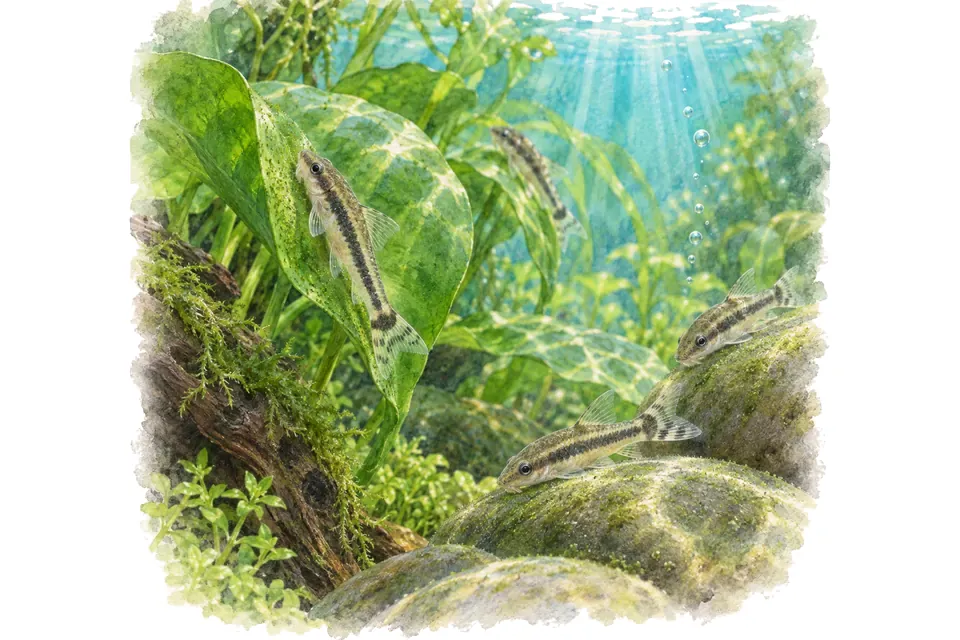 Planche aquarelle : otocinclus : préparer l'accueil d'un brouteur.