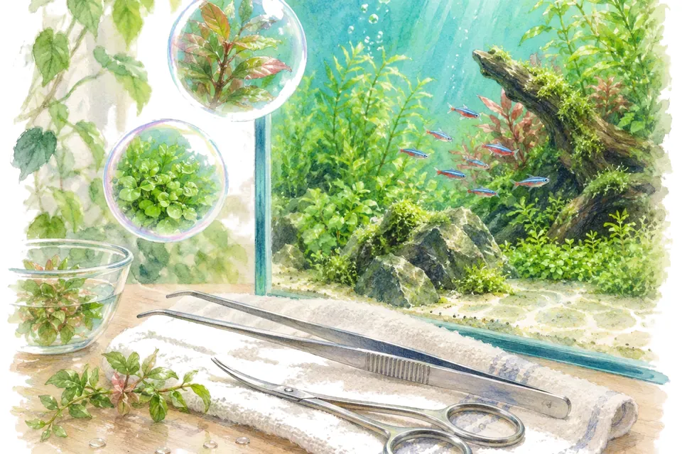 Planche aquarelle : Les outils de l'aquascapeur (pour débuter).