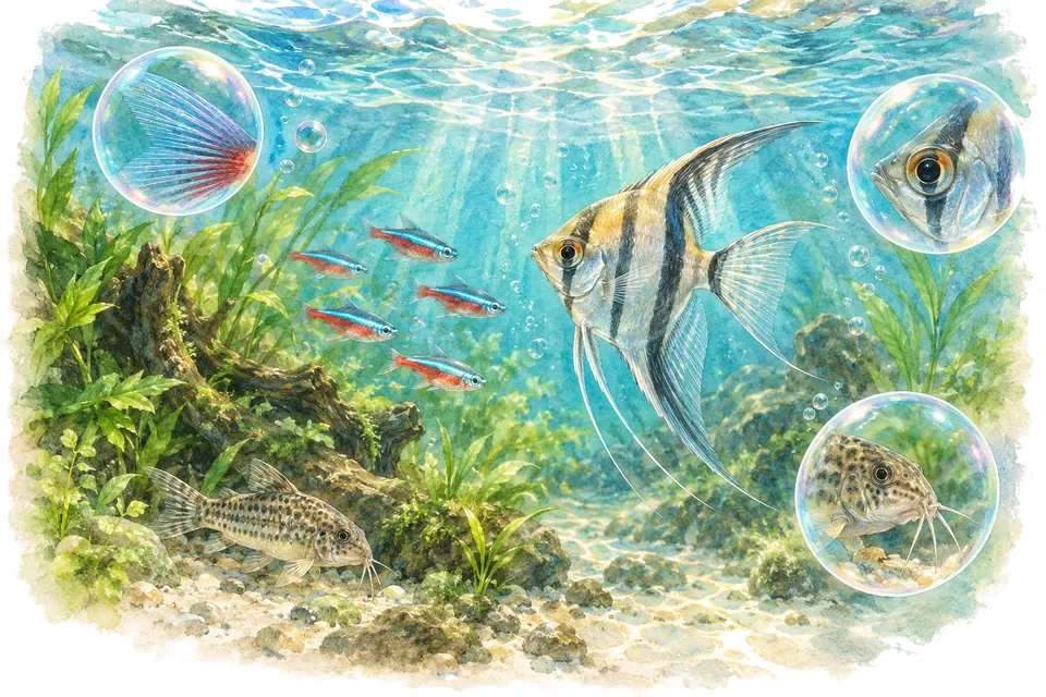 Planche aquarelle du quiz : L'oxygène dans l'aquarium (niveau confirmé).