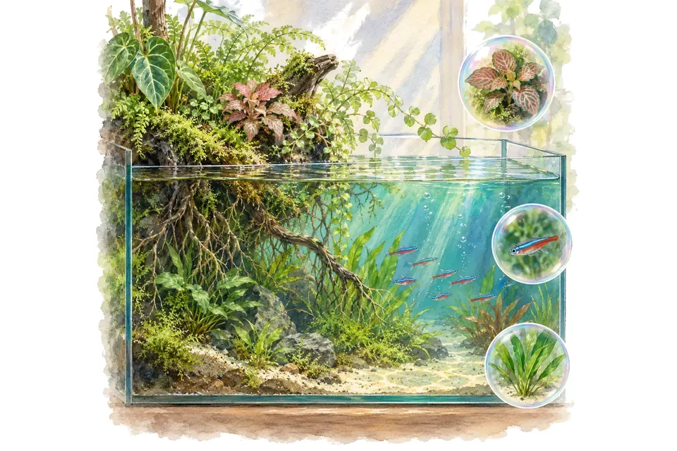 Planche aquarelle : paludarium : articuler parties terrestre et aquatique.