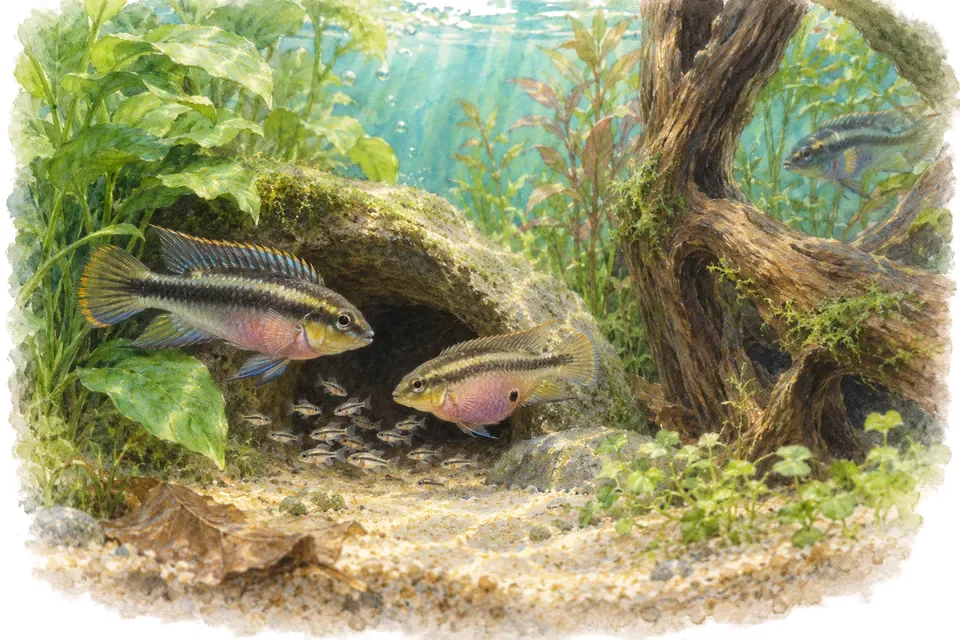 Planche aquarelle : Pelvicachromis pulcher : anticiper la défense des jeunes.