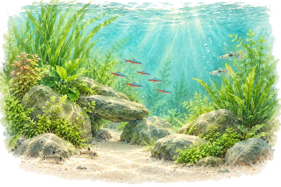 Planche aquarelle : pierres : choisir un décor adapté à votre aquarium.
