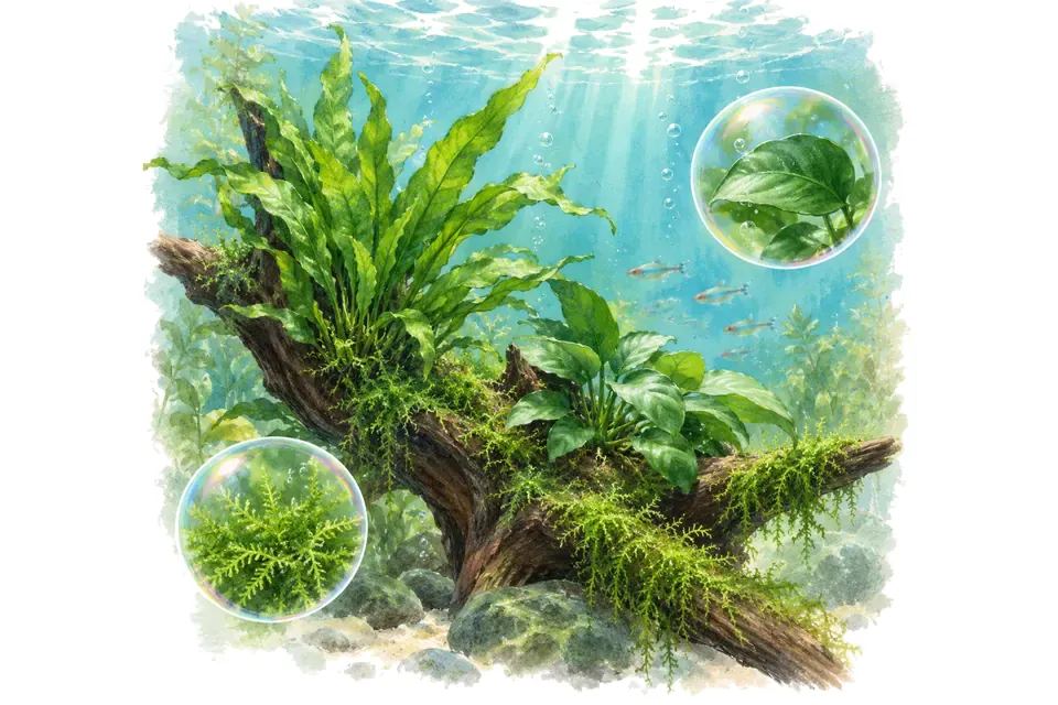 Planche aquarelle du quiz : Quiz : Anubias, fougères et mousses.
