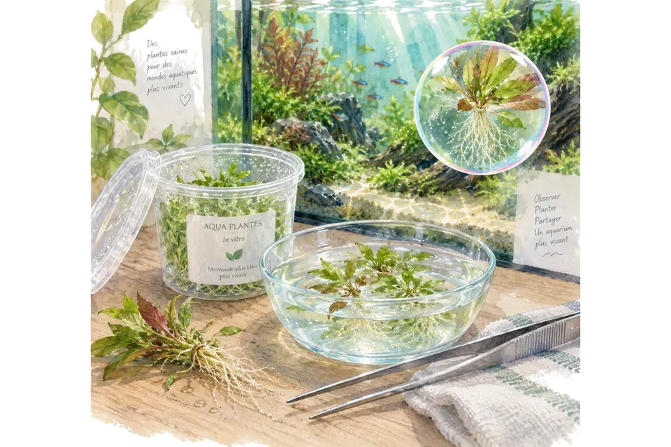Planche aquarelle : plantes in vitro : préparer les portions avant plantation.