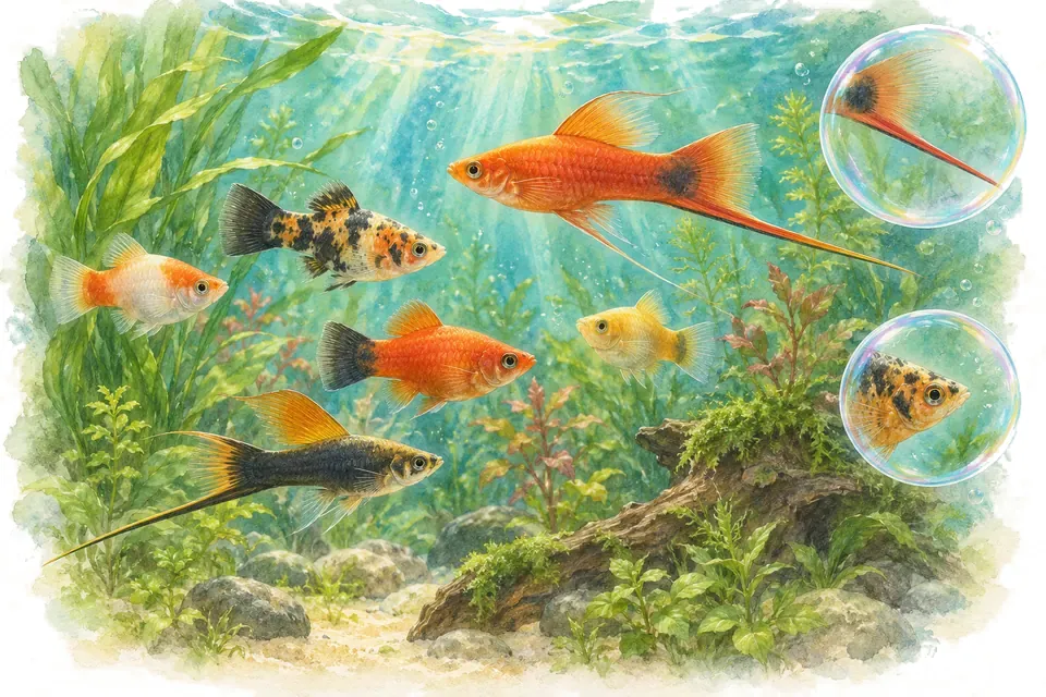 Planche aquarelle : platys et porte-épées, niveau confirmé.